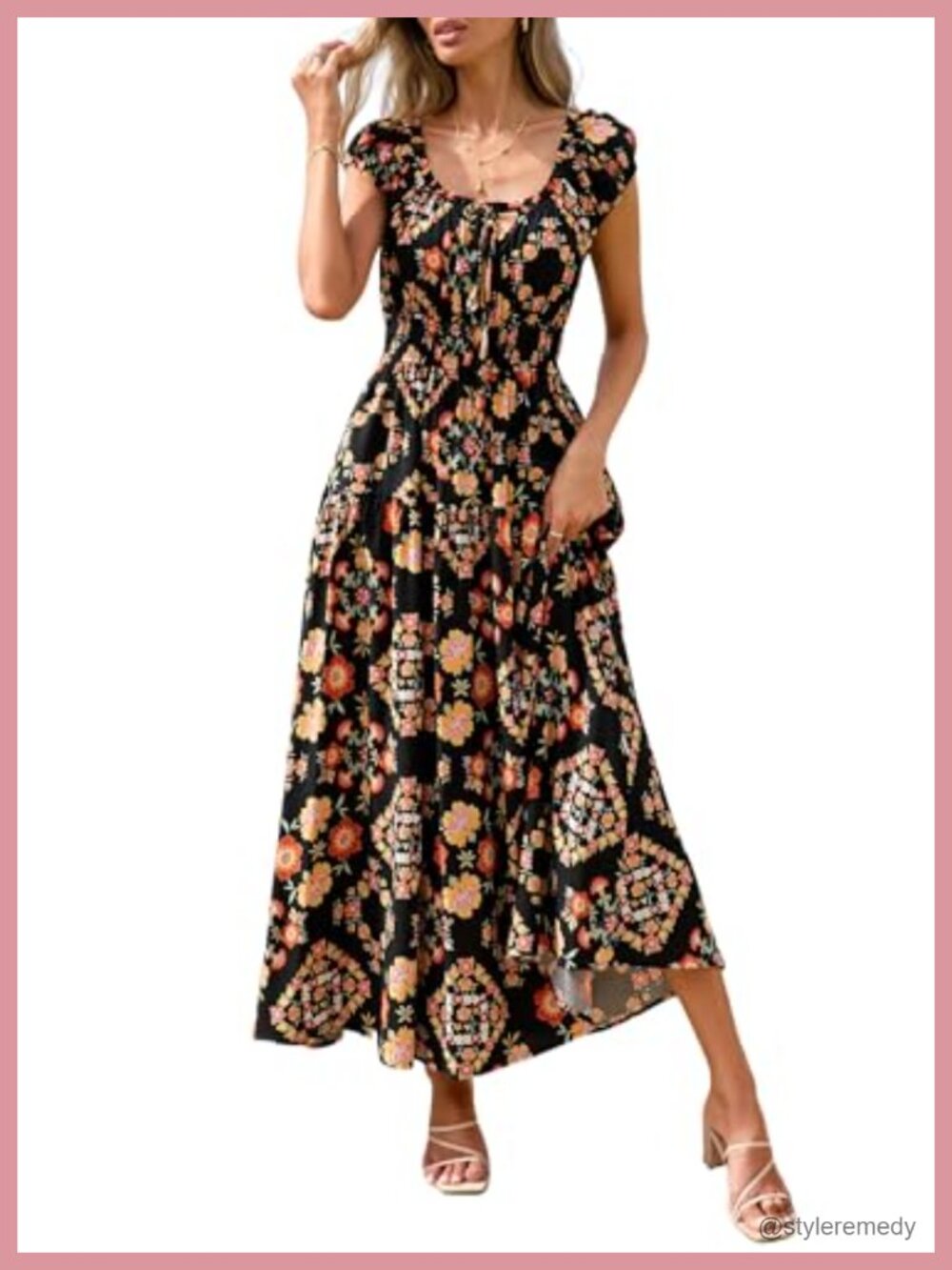 Women Boho Floral Maxi Sun Dress Square Neck Cap Sleeve Ruffled